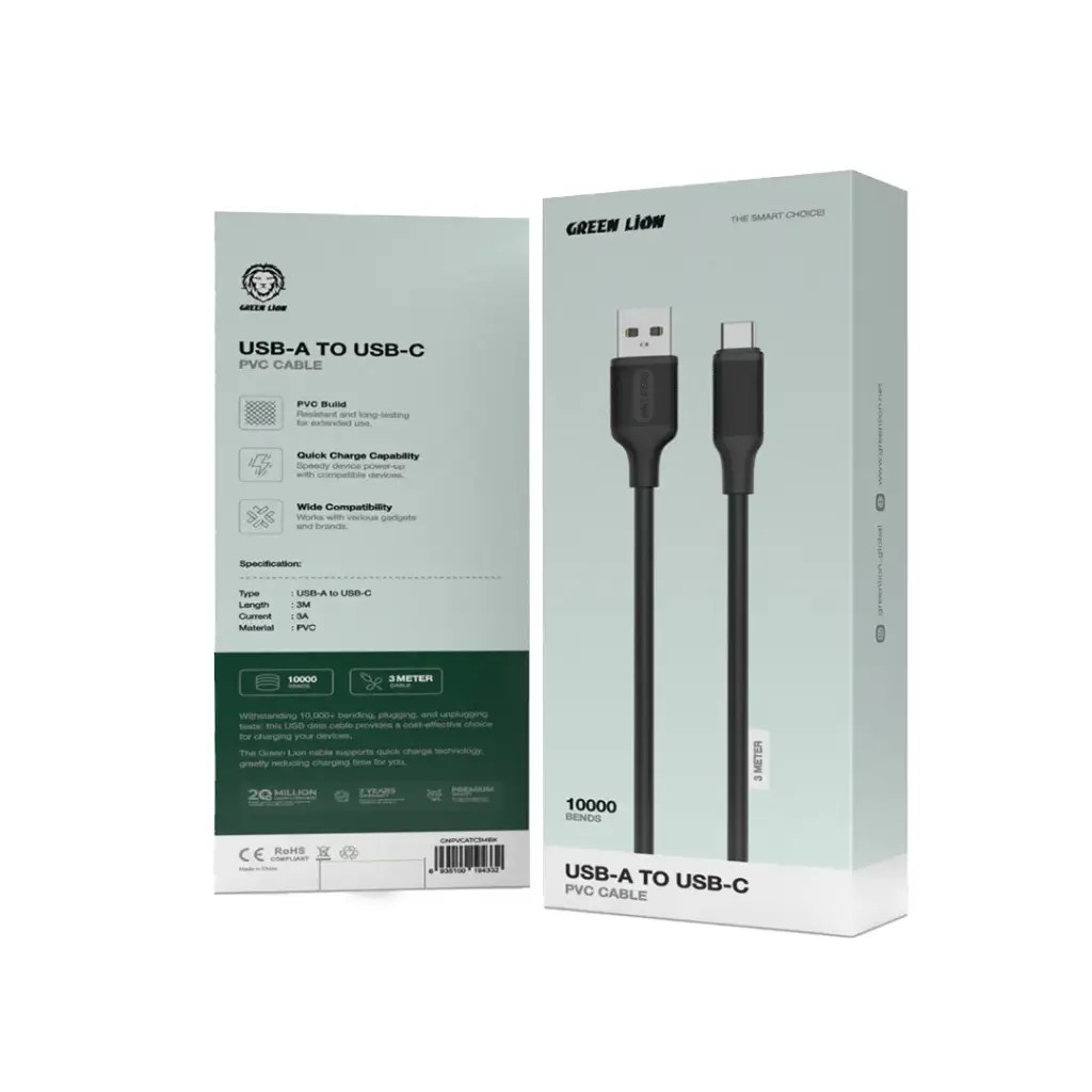 Green Lion USB-A to USB-C PVC Cable 3M – Black