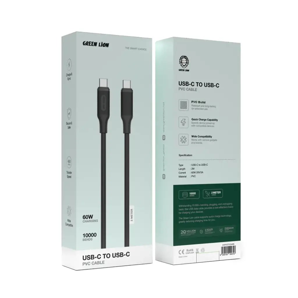 Green Lion USB-C to USB-C PVC Cable 2M – Black