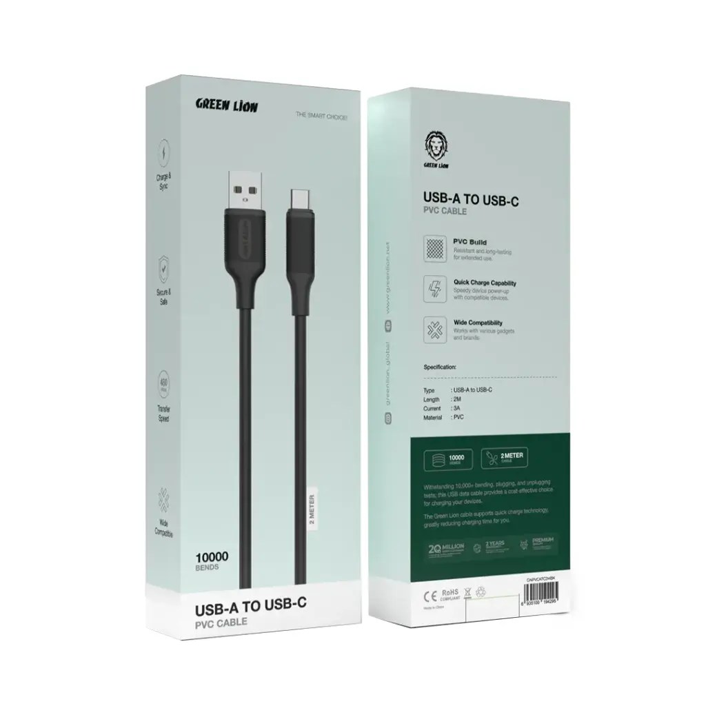Green Lion Green Lion USB-A to USB-C PVC Cable 2M – Black