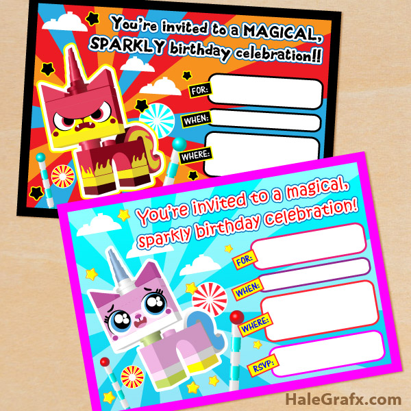 free printable lego movie unikitty birthday invitation set