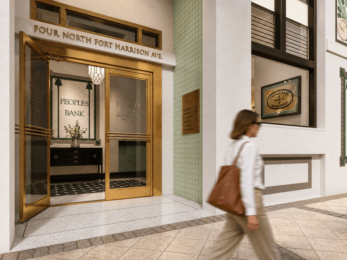 A woman with a brown bag walks past the entrance of Peoples Bank, which has gold-framed doors and a sign reading FOUR NORTH FORT HARRISON AVE above. The reflection of the banks name appears on the glass.