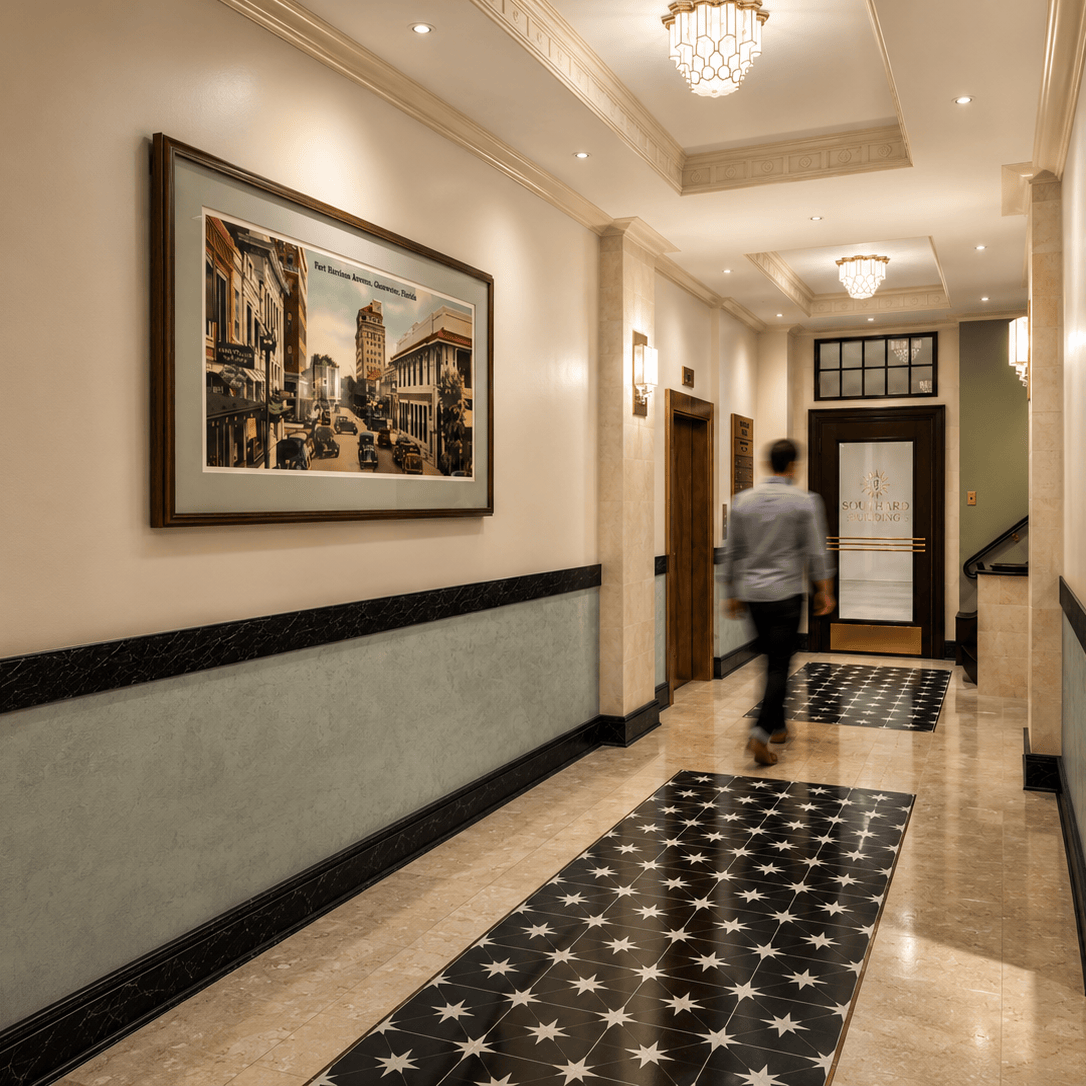 A man walks down a well-lit hallway with star-patterned floor tiles, beige walls, two elevators, and a large framed vintage cityscape painting on the left wall.