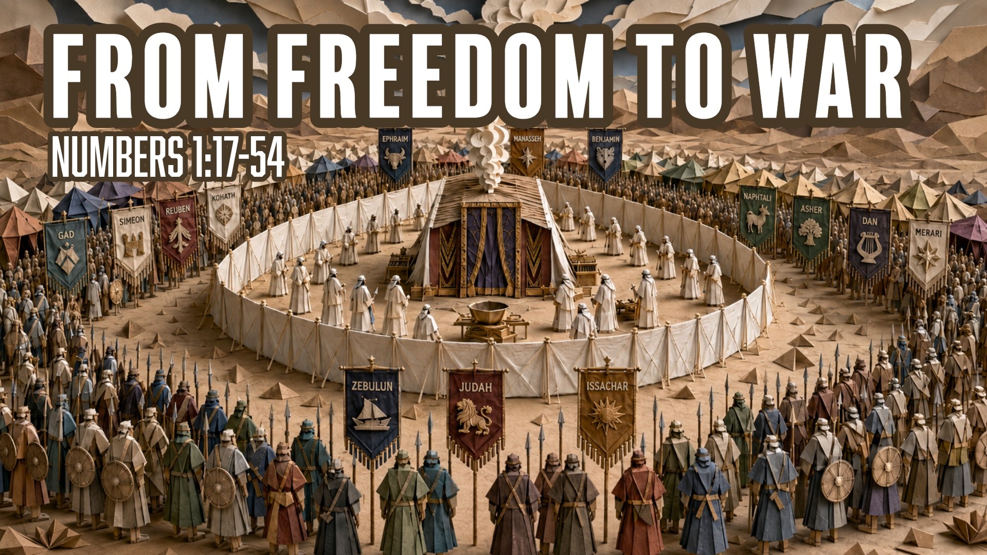 Created by ChatGPT, this intricate paper-relief illustration shows the tribes of Israel organized for battle around the Tabernacle in the wilderness, with spear-bearing men and tribal banners surrounding distinct Levites serving near the sanctuary. Layered kirigami and origami textures create depth and a solemn, sacred atmosphere. Text overlay: “From freedom to war (Numbers 1:17-54).”