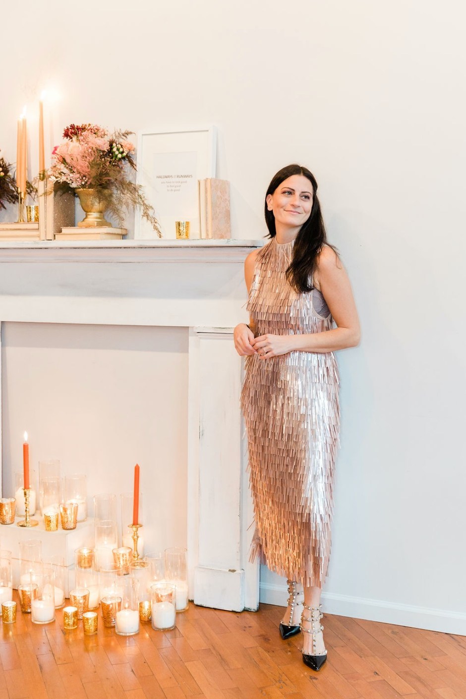 pink metallic fringe dress; look number two