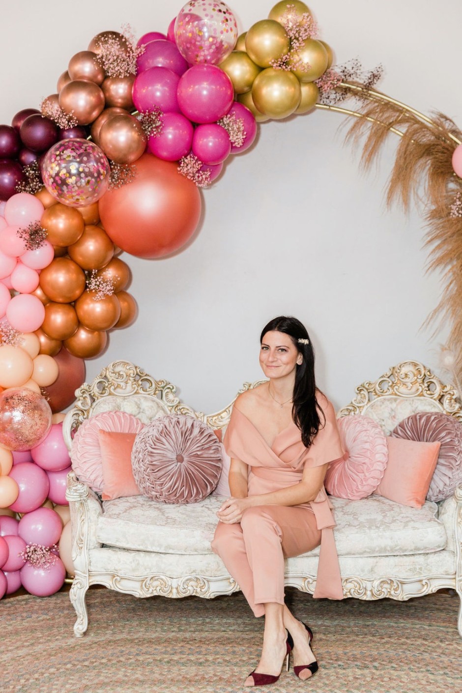 pink off the shoulder jumpsuit; look number one