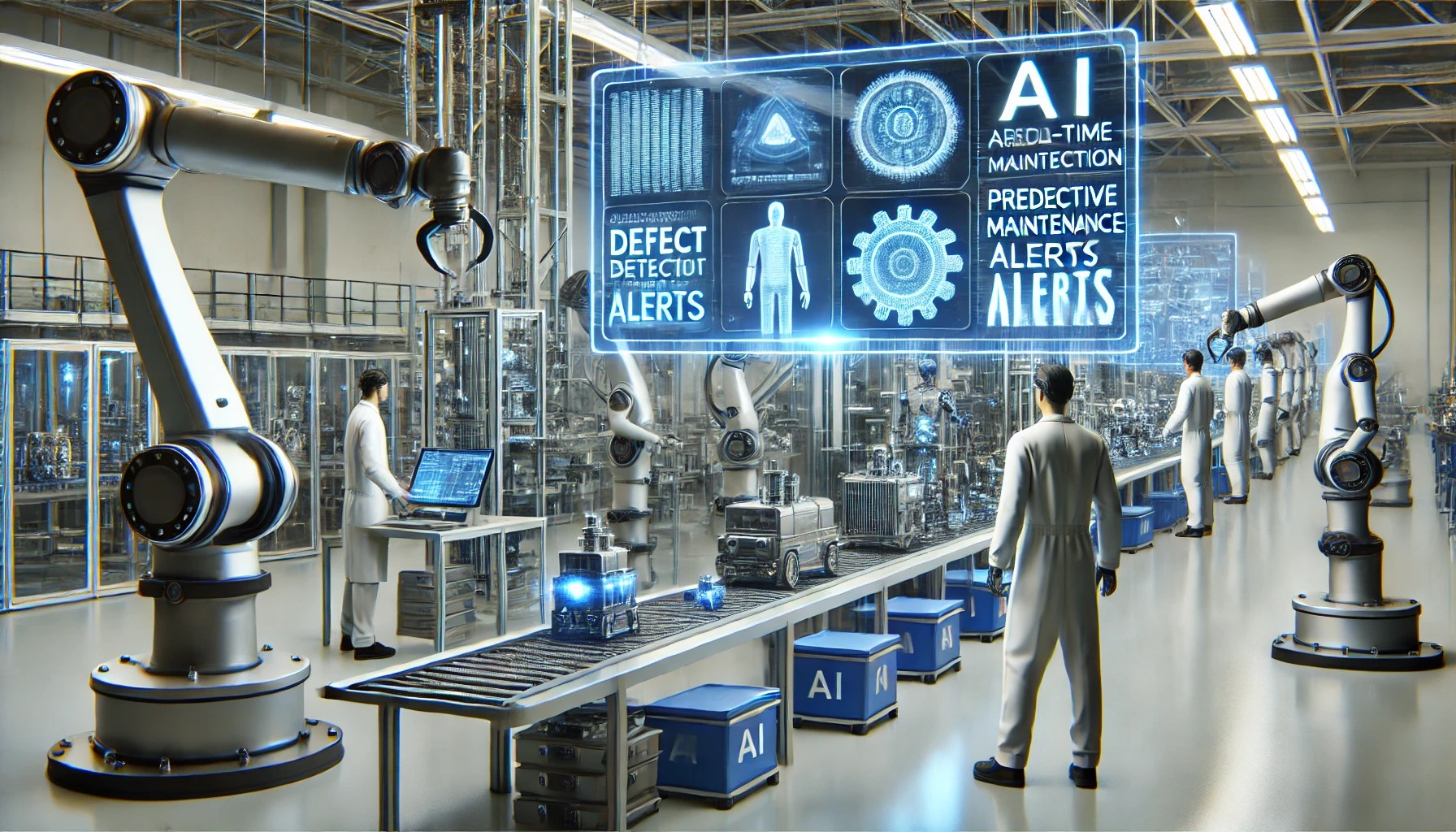 A high-tech manufacturing facility using AI for quality control. Robotic arms inspect products on an automated assembly line while AI-powered screens display real-time defect detection, predictive maintenance alerts, and data-driven quality analysis. Engineers monitor the system, ensuring precision and efficiency. The environment is sleek, futuristic, and well-lit with blue and white lighting, symbolizing technological advancement.