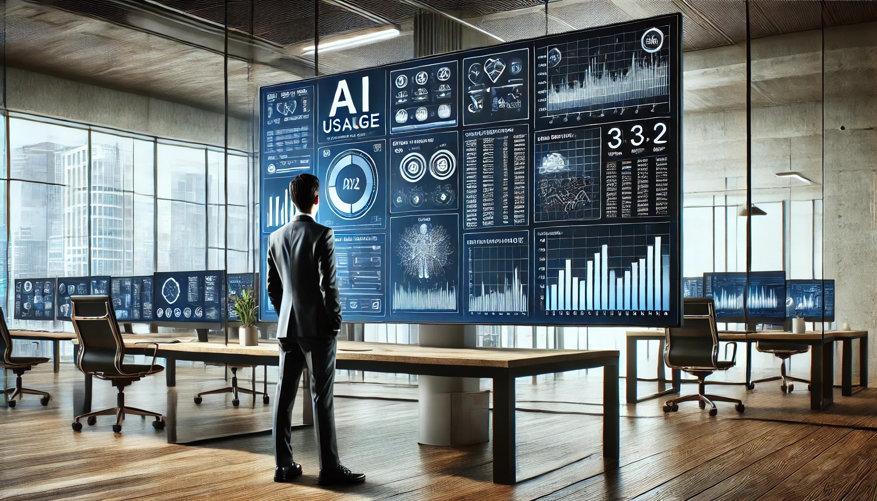 A professional in a modern office analyzes AI usage data on a large monitor. The screen displays analytics, charts, and spending breakdowns related to AI applications and user activity, emphasizing data-driven decision-making and cost optimization.