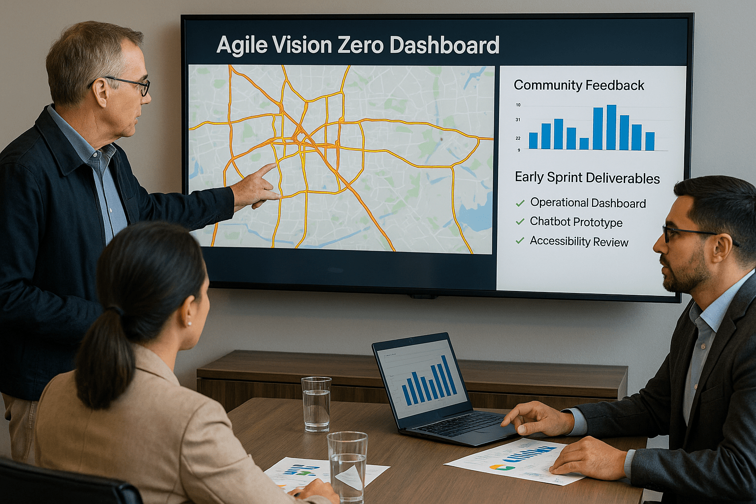 Municipal leaders and consultants review an Agile Vision Zero dashboard in a meeting, showing early wins like traffic maps, community engagement data, and compliance checkmarks.