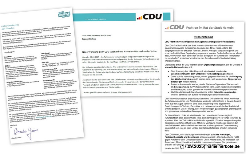 Drei neue Infos der CDU Hameln – Offener Brief von Claudio Griese, neuer Vorstand und Erklärung zur Verkehrspolitik der Fraktion
