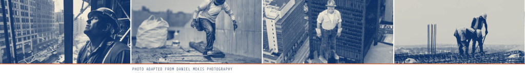 Four-panel photo strip of construction workers on a high-rise job site