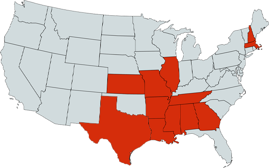 Map United States, select states highlighted red: Texas, Missouri, Alabama, Vermont.