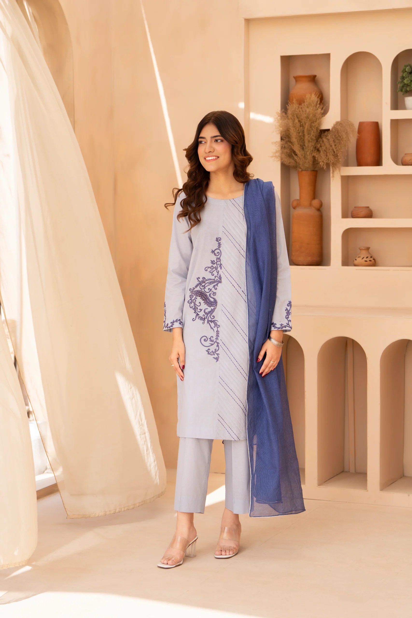 Embroidered Pleated Elegance Suit