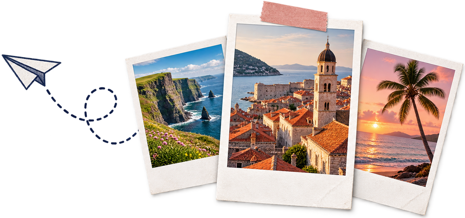 Home Paper plane and three travel Polaroids showing coastal cliffs, a European old town and a palm tree sunset
