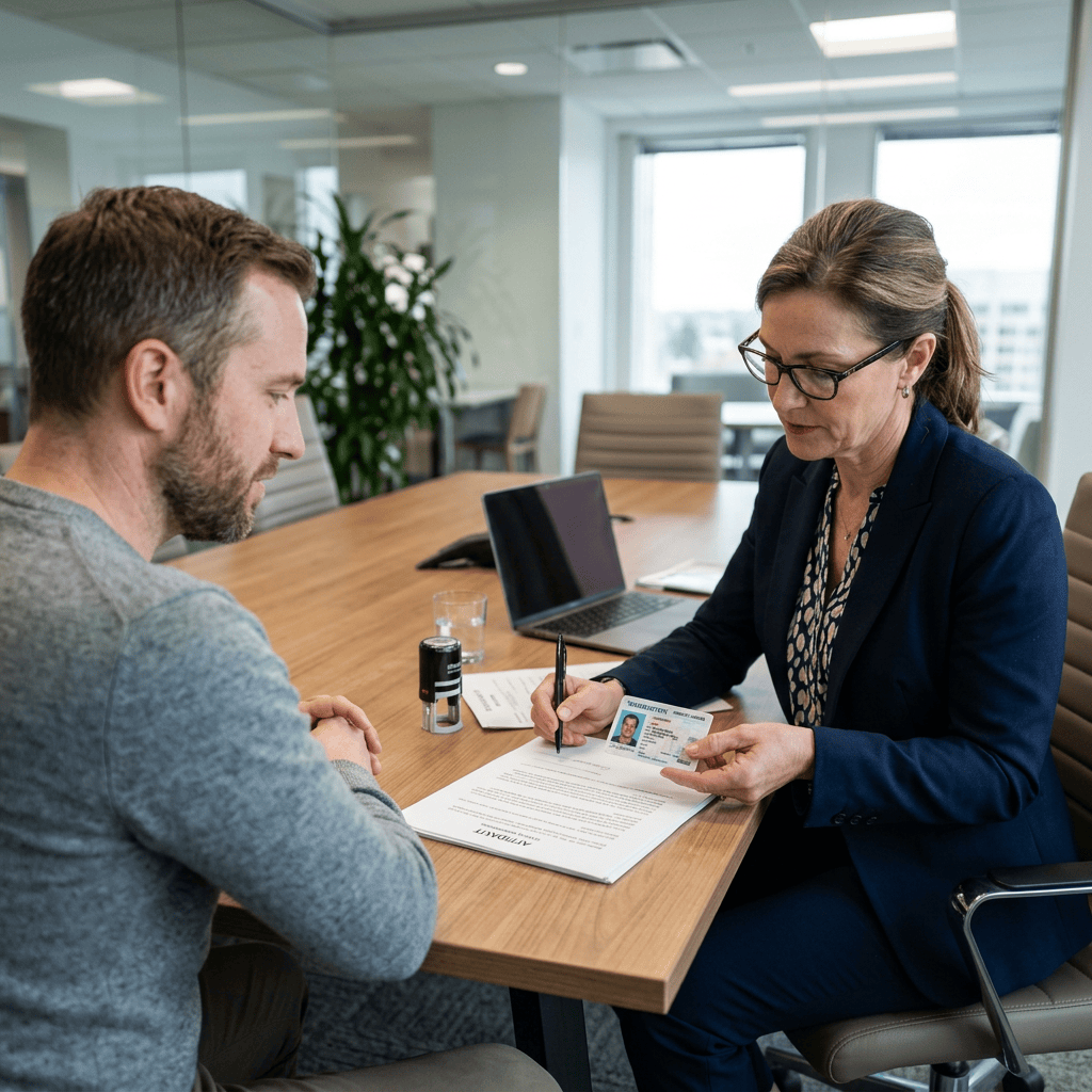Woman checking man's ID card while he reviews documents at office table