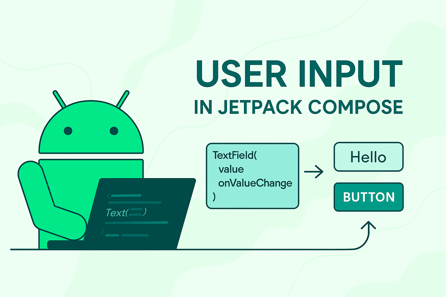 A digital illustration showing Android developers using TextFields and Buttons in Jetpack Compose