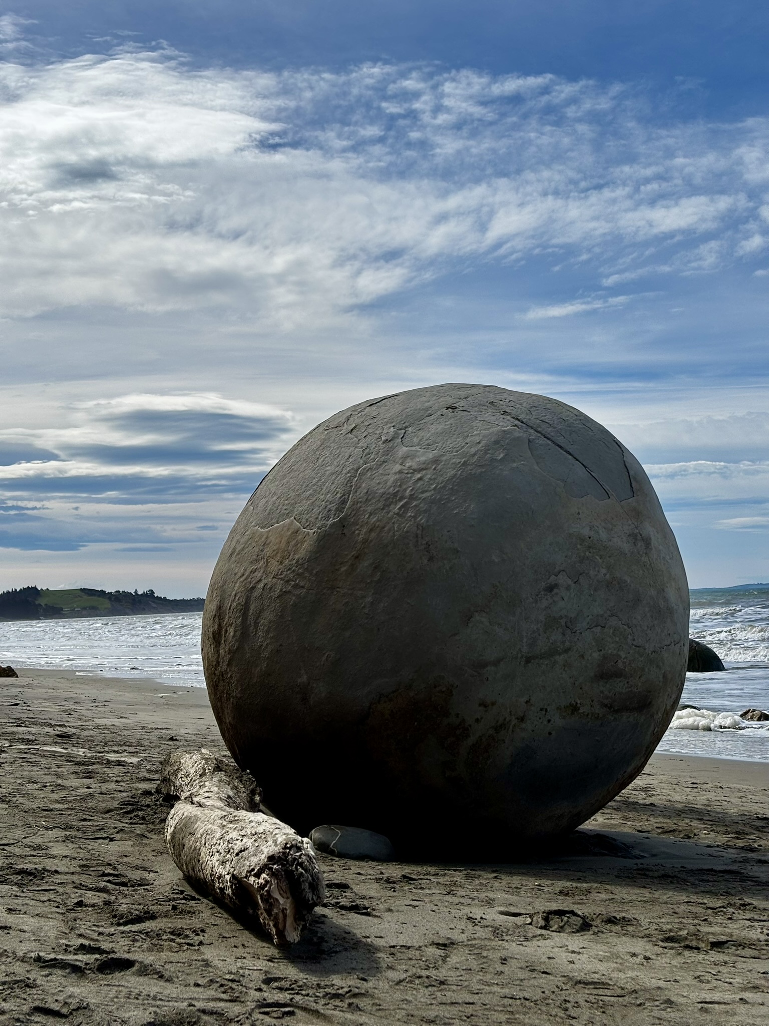 One of the Moeraki Boulders sitting on the sand with a piece of driftwood beside it.