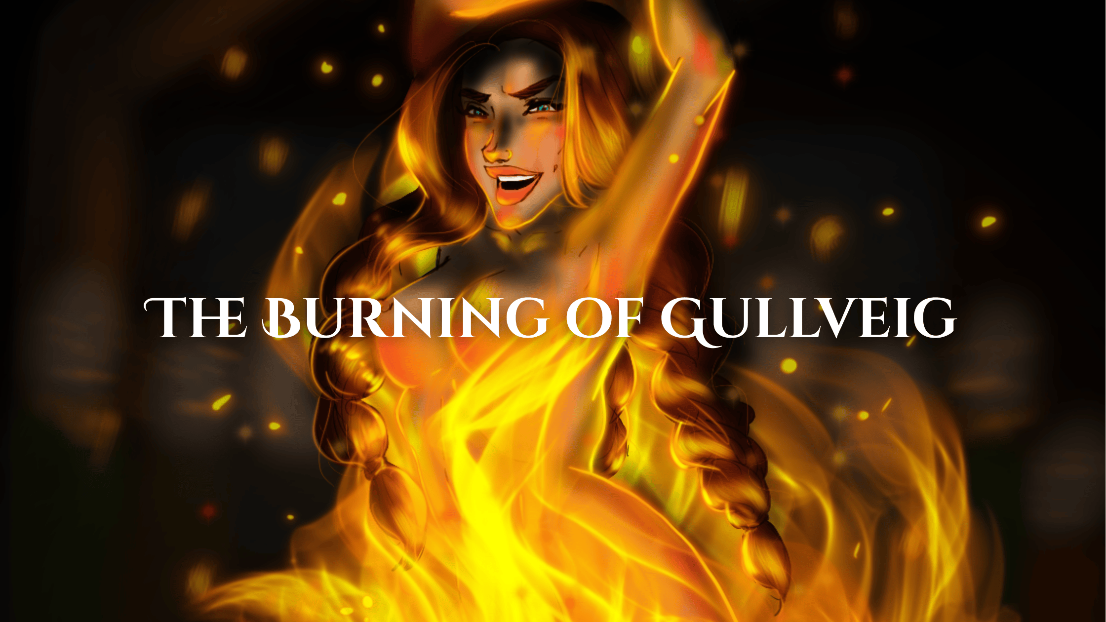 The Burning of Gullveig — digital drawing of Gullveig from Norse myth rising from the flames after being killed by Odin, her body glowing with fire, golden hair in braids, and sparks swirling as she defiantly emerges from the pyre.
