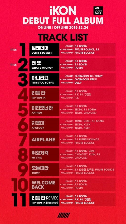 iKON 12/24リリースのアルバム「WELCOME BACK」のトラックリスト発表
