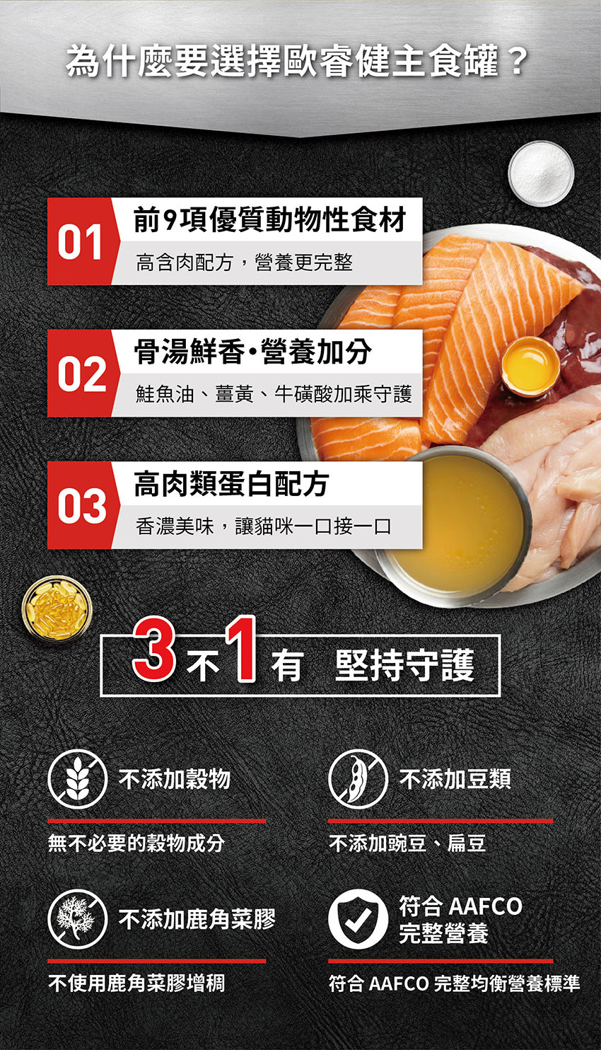 三不一有 堅持守護
❌ 不添加穀物
無不必要的穀物成分。
❌ 不添加豆類
不添加豌豆、扁豆。
❌ 不添加鹿角菜膠
不使用鹿角菜膠增稠。