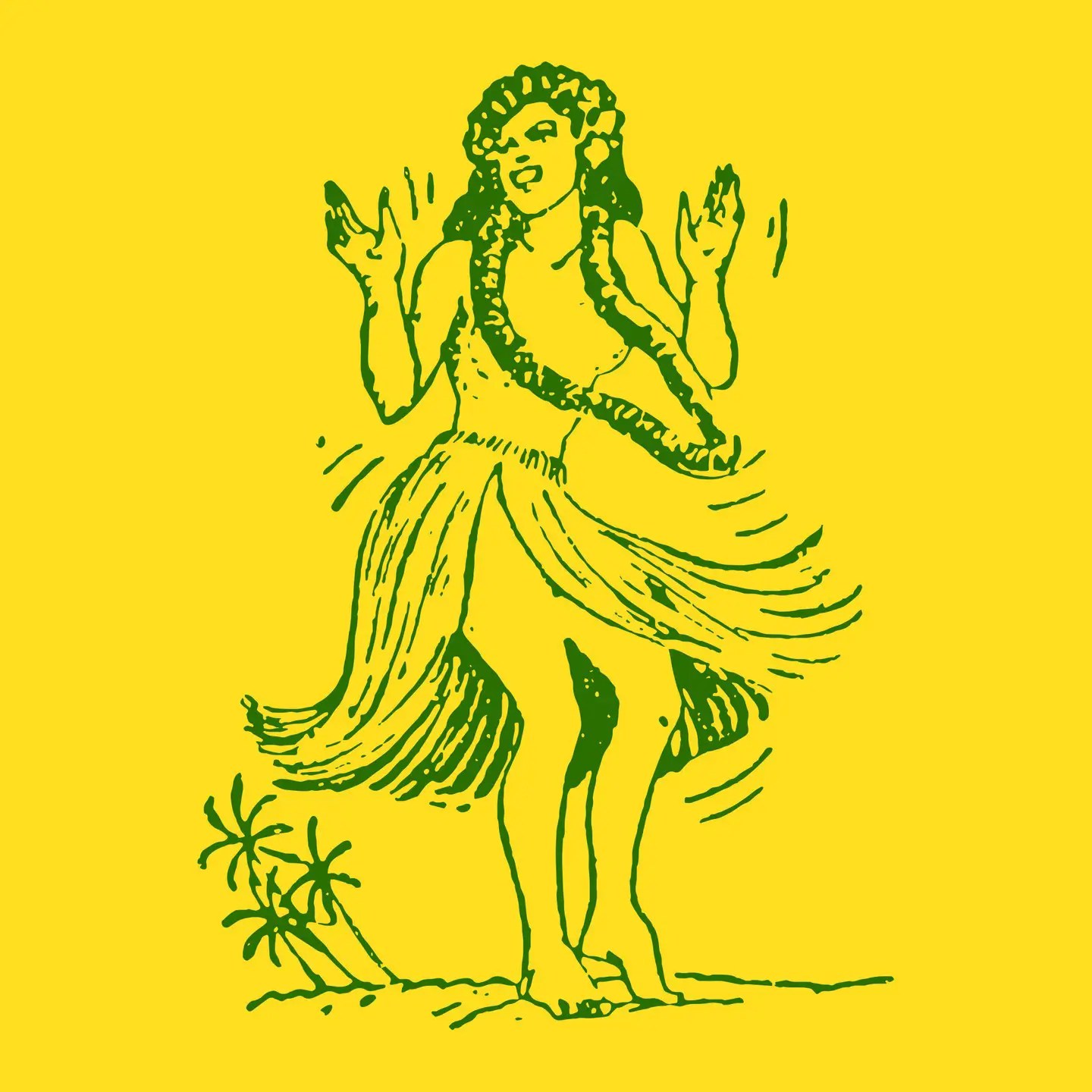The hula dancer illustration that adorned the end-card on a midcentury box of a "Souvenir of Hawaii - HULA SKIRT SET" from the Island Import Co. of Honolulu