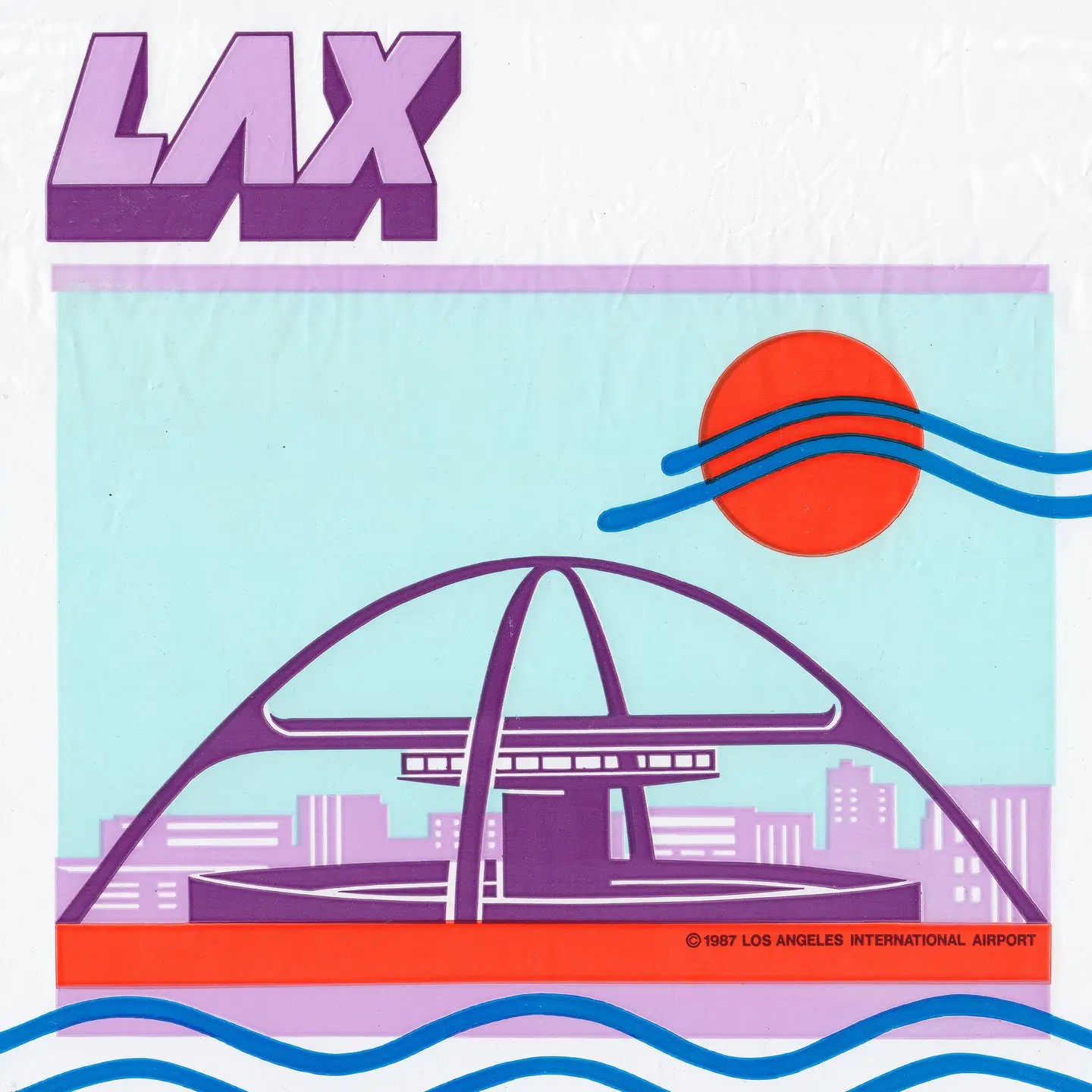 A scan of a shopping bag showing the Los Angeles International Airport's Theme Building in a 1987 illustration
