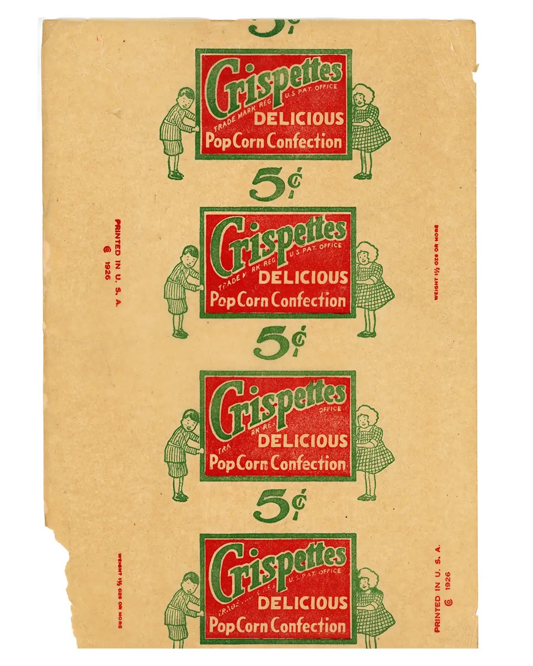 A vintage/antique wrapper for the Crispettes Popcorn Confection is a semi-translucent material with bright red & green artwork advertising the treat and including the price of 5 cents