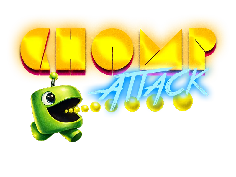 The CHOMP ATTACK video game title art is styled like 1980s video game text and shows a cheerful chomping creature eating yellow dots
