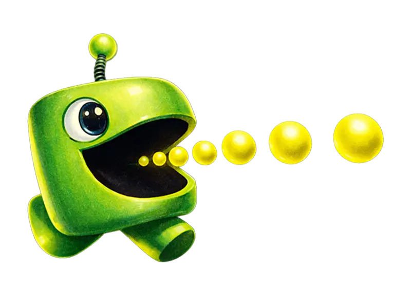 The CHOMP ATTACK video game title art is styled like 1980s video game text and shows a cheerful chomping creature eating yellow dots