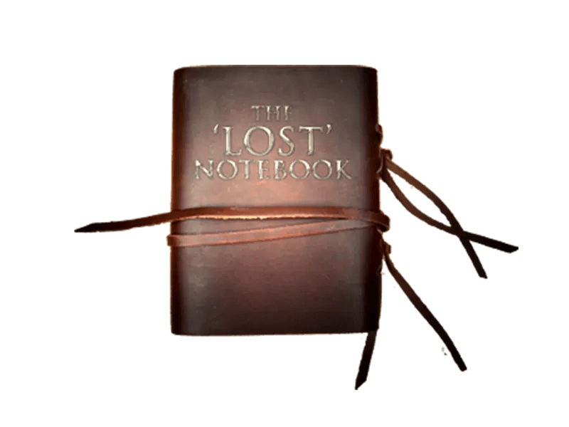 An old-looking, tattered, leather-bound notebook with the title "The 'LOST' Notebook' in gold lettering