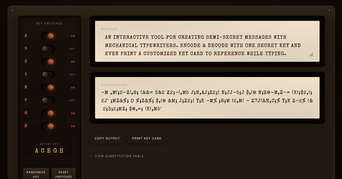 A vintage-styled app interface that shows toggle switches and spaces for type-written encoded & decoded messages