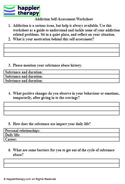 Addiction self-assessment worksheet