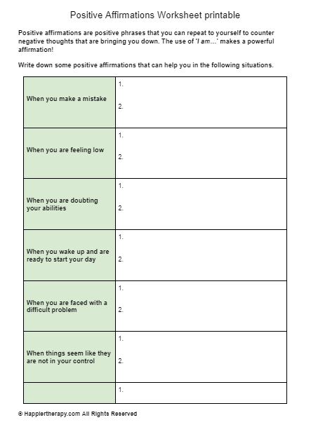 Positive affirmations worksheet printable