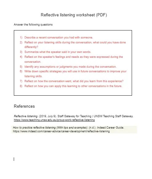 Reflective listening worksheet