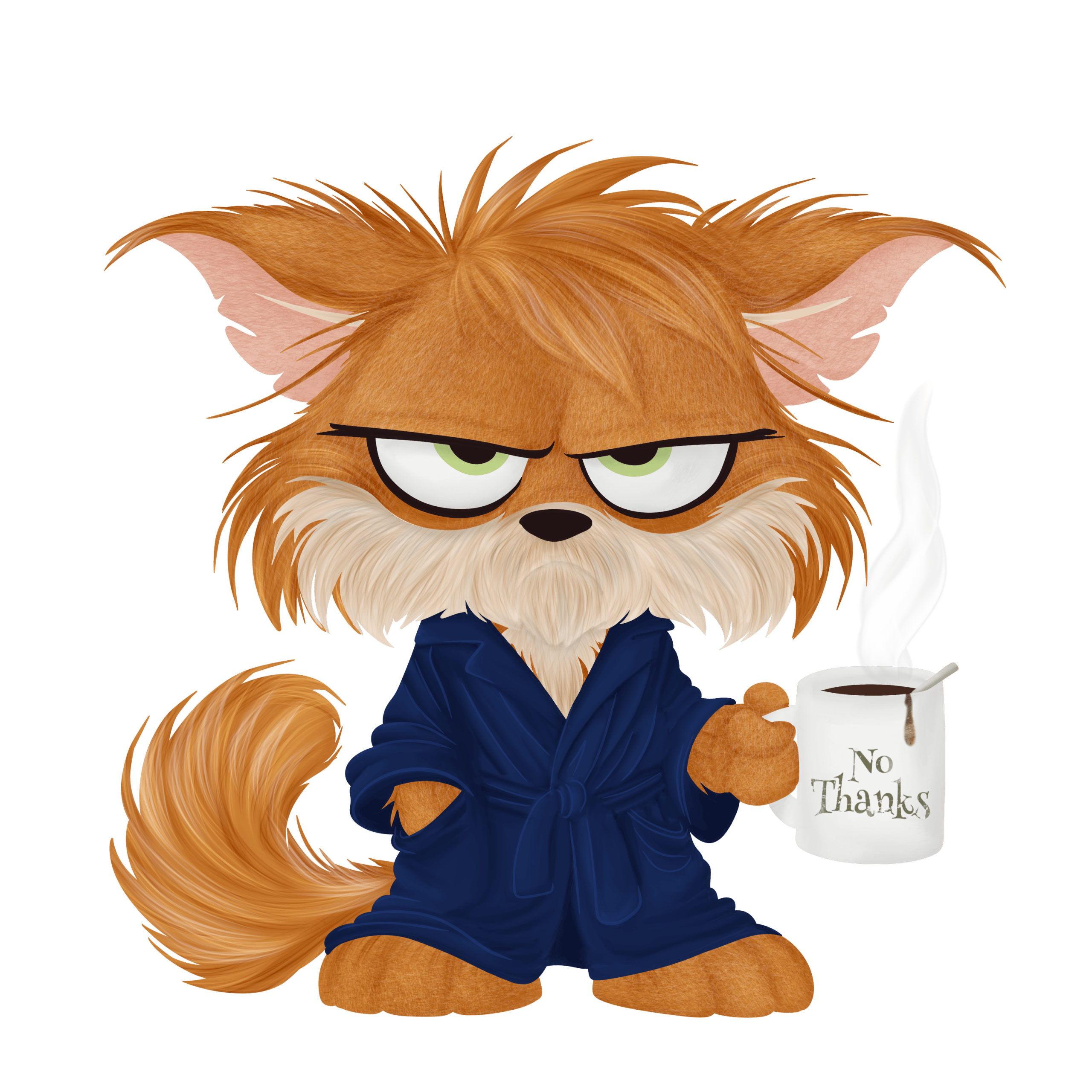 Illustration of a grumpy fox in bathrobe drinking coffee