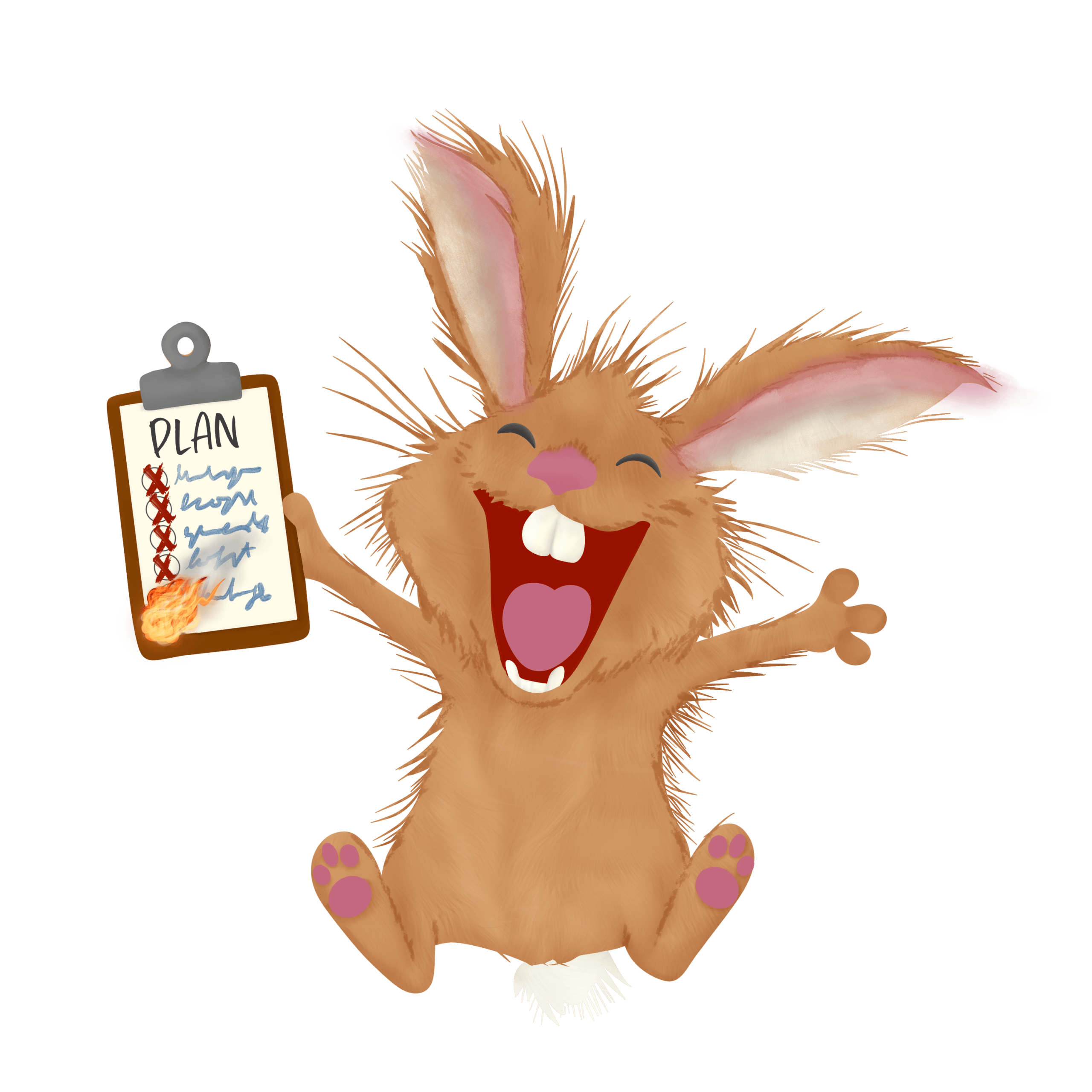 Illustration of happy rabbit leaping in air with checklist in flames