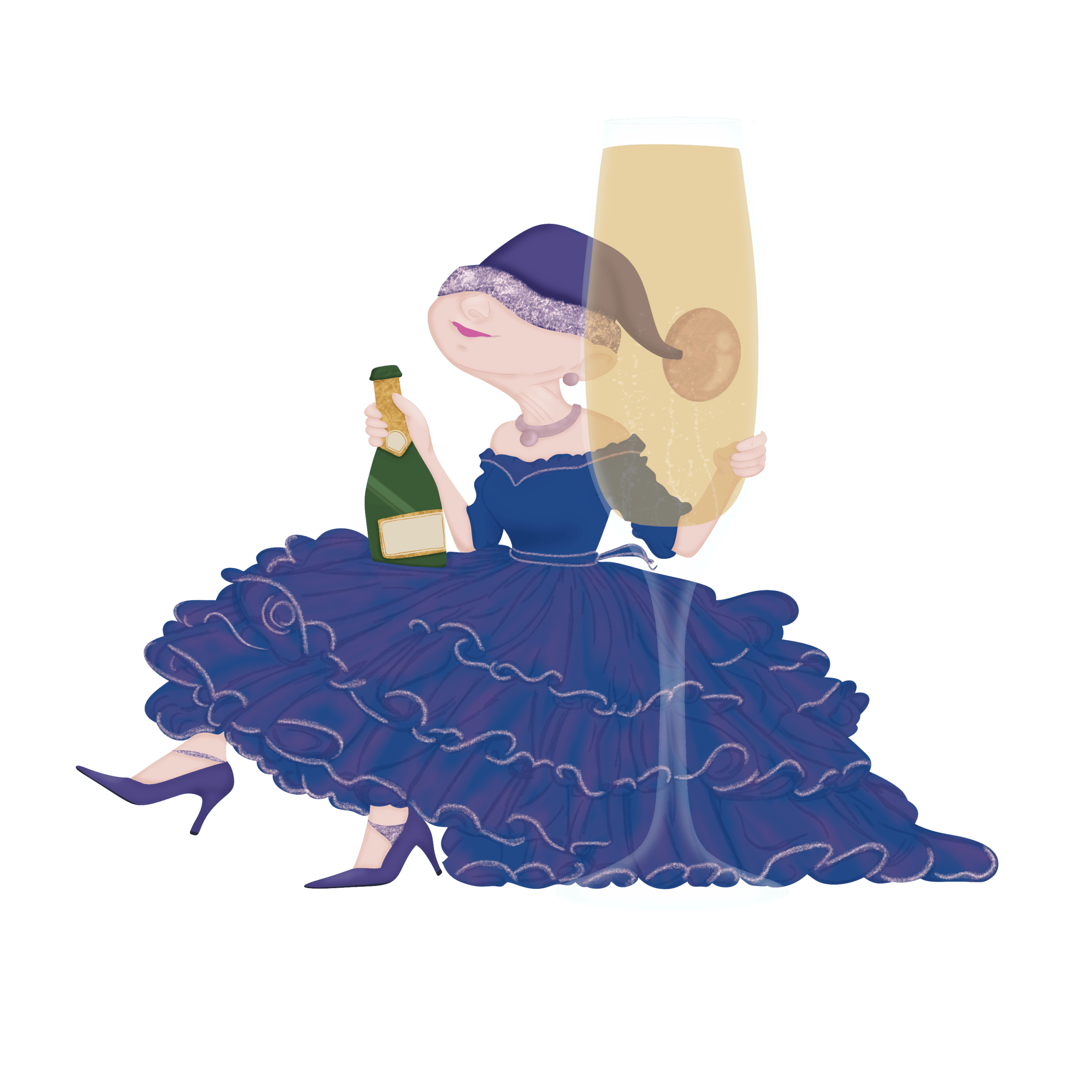 Illustration of elegantly dressed female gnome with oversized glass of sparkling wine