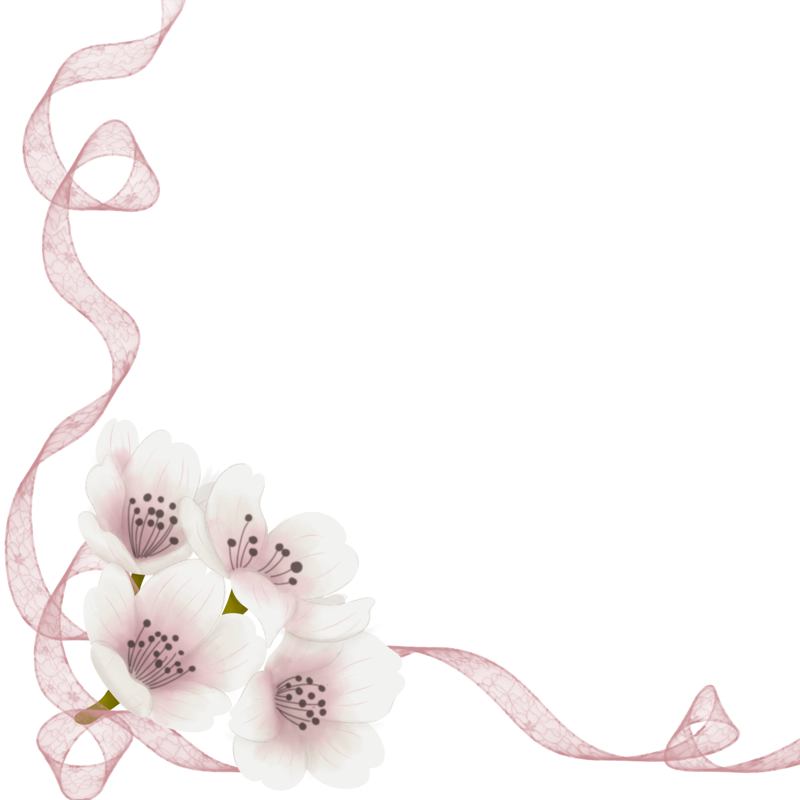 Illustration of blossoms with curling ribbon
