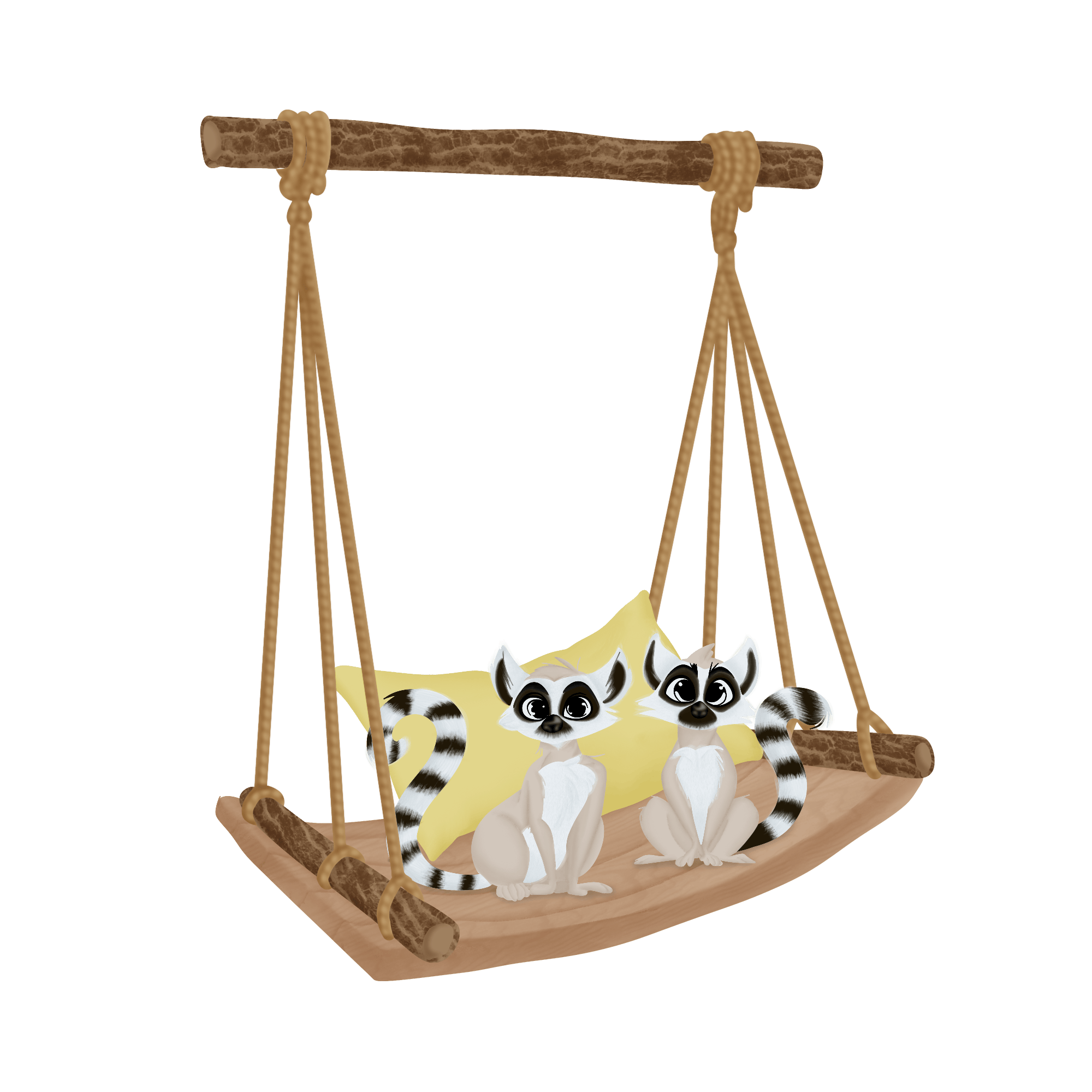 two lemurs sitting on swing with yellow cushions
