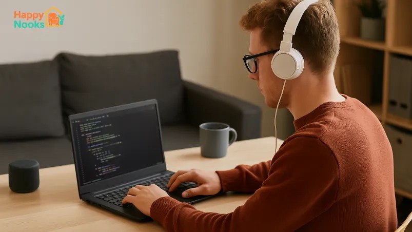 A student learning to code online during a 2025 coding bootcamp in the USA, wearing headphones and typing on a laptop at home.