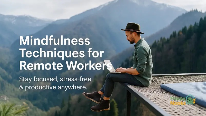 Remote worker practicing mindfulness techniques while working on a laptop in the mountains