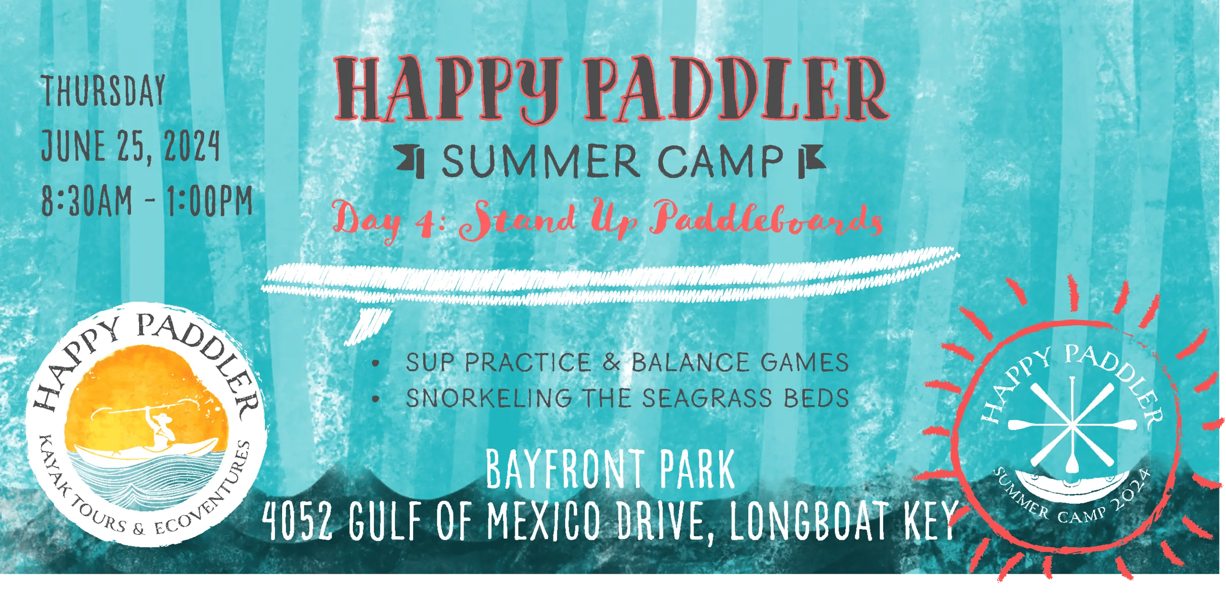Happy Paddler Summer Camp activities for Day 4 paddleboarding at Bayfront Park
