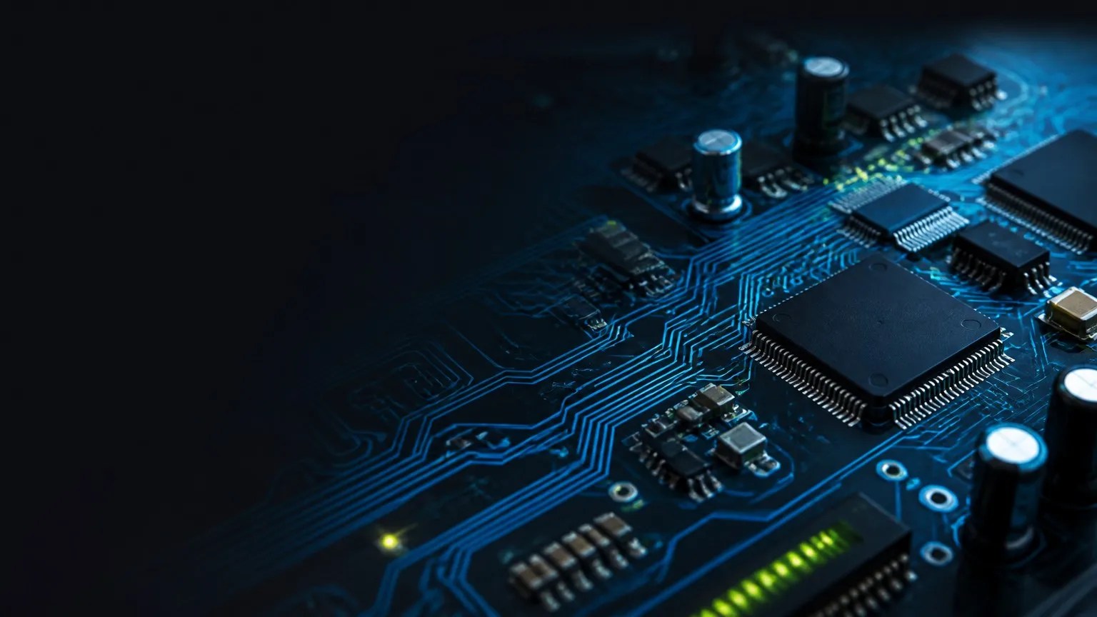 Macro view of a printed circuit board with blue circuit traces