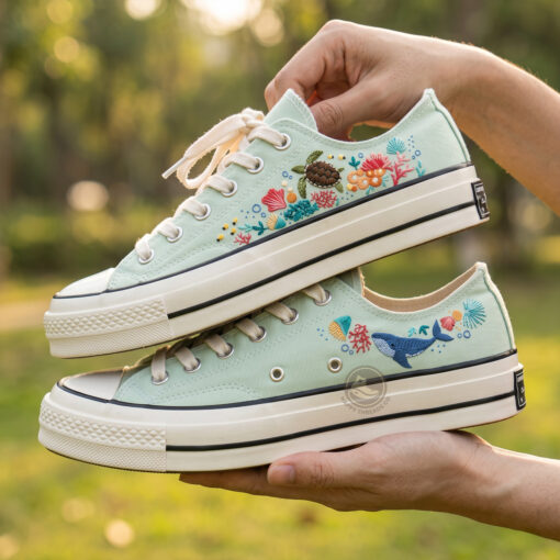 Sea Turtle Garden Converse Low Tops, Hand Embroidered Ocean Sneakers