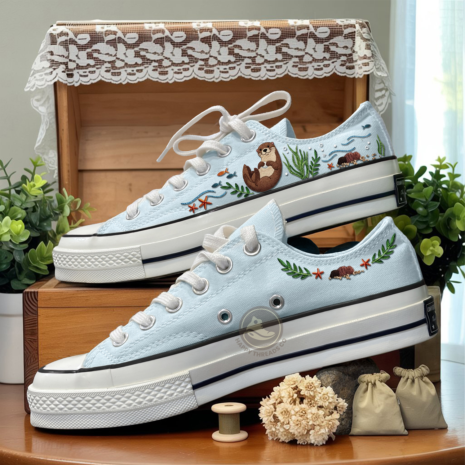 Sea Otter Embroidered Converse, Hand Embroidered Ocean Low Tops Sneakers