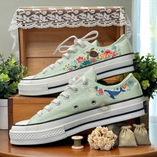 Sea Turtle Garden Converse Low Tops, Hand Embroidered Ocean Sneakers