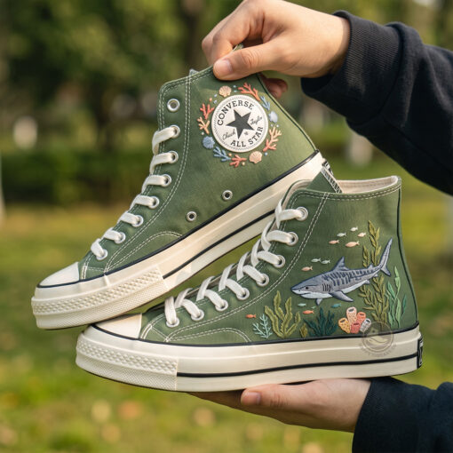 Shark Reef Converse Embroidery, Hand Embroidered Marine Life Sneakers