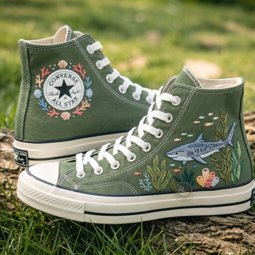 Shark Reef Converse Embroidery, Hand Embroidered Marine Life Sneakers