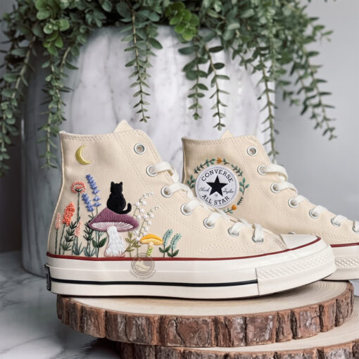 Mushroom Cat Converse, Hand Embroidered Cottagecore Sneakers