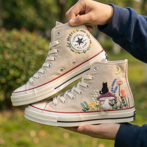 Mushroom Cat Converse, Hand Embroidered Cottagecore Sneakers