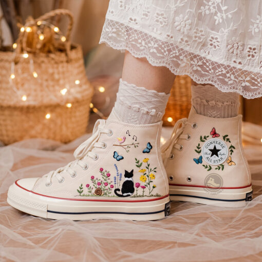 Cat Garden Embroidered Converse, Hand Embroidered Floral Pet Sneakers